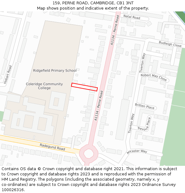 159, PERNE ROAD, CAMBRIDGE, CB1 3NT: Location map and indicative extent of plot