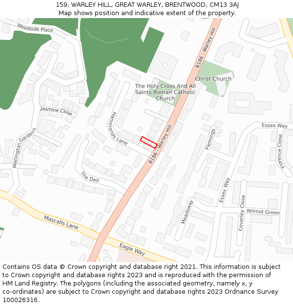 159, WARLEY HILL, GREAT WARLEY, BRENTWOOD, CM13 3AJ: Location map and indicative extent of plot