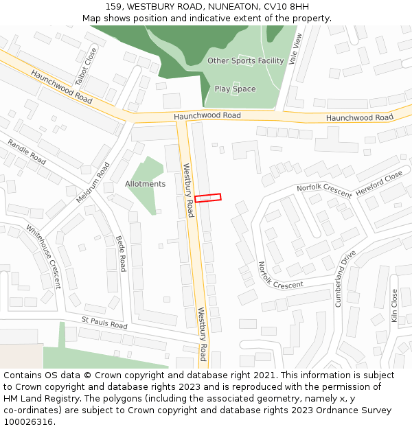 159, WESTBURY ROAD, NUNEATON, CV10 8HH: Location map and indicative extent of plot