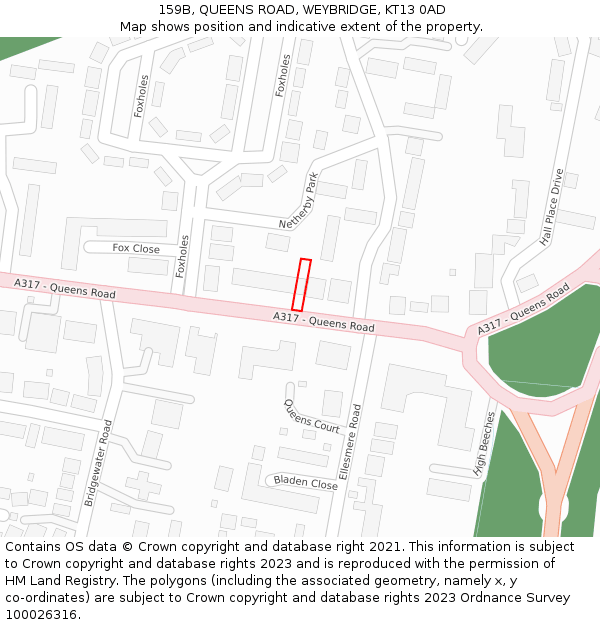 159B, QUEENS ROAD, WEYBRIDGE, KT13 0AD: Location map and indicative extent of plot