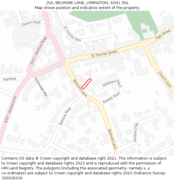 15A, BELMORE LANE, LYMINGTON, SO41 3NL: Location map and indicative extent of plot