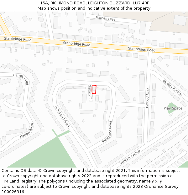 15A, RICHMOND ROAD, LEIGHTON BUZZARD, LU7 4RF: Location map and indicative extent of plot