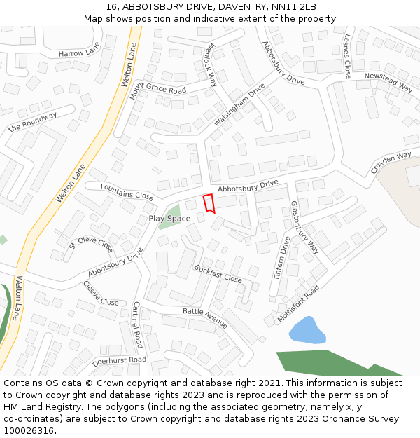 16, ABBOTSBURY DRIVE, DAVENTRY, NN11 2LB: Location map and indicative extent of plot