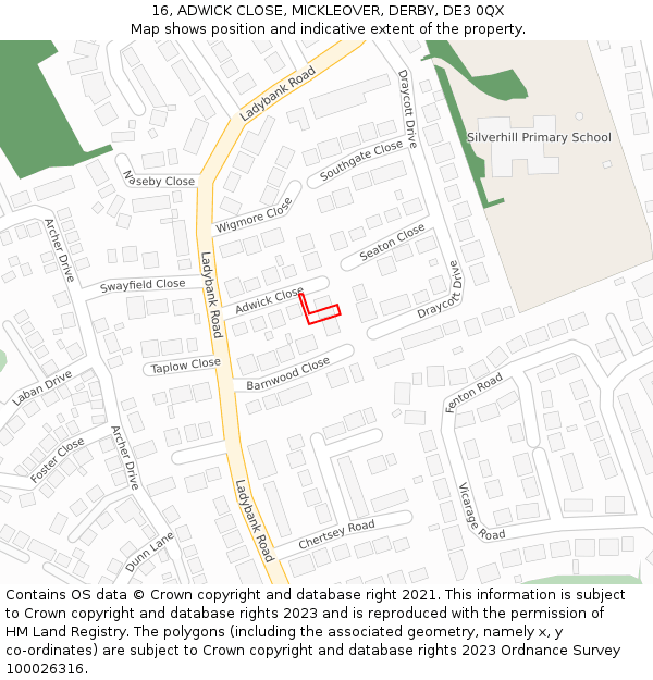 16, ADWICK CLOSE, MICKLEOVER, DERBY, DE3 0QX: Location map and indicative extent of plot