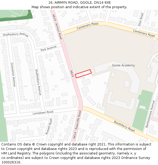 16, AIRMYN ROAD, GOOLE, DN14 6XE: Location map and indicative extent of plot