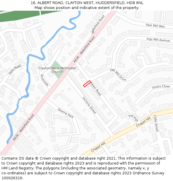 16, ALBERT ROAD, CLAYTON WEST, HUDDERSFIELD, HD8 9NL: Location map and indicative extent of plot