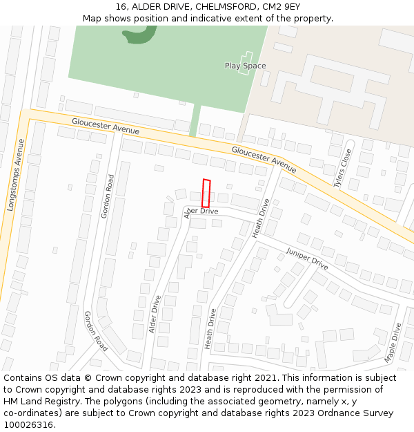 16, ALDER DRIVE, CHELMSFORD, CM2 9EY: Location map and indicative extent of plot