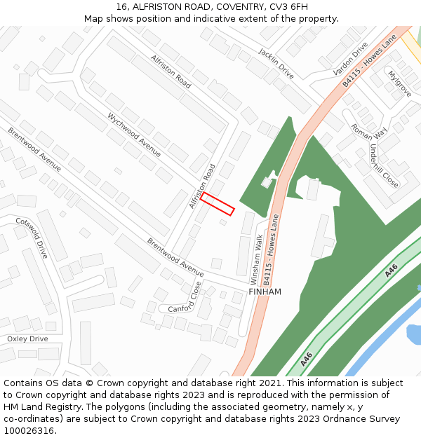 16, ALFRISTON ROAD, COVENTRY, CV3 6FH: Location map and indicative extent of plot