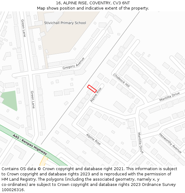 16, ALPINE RISE, COVENTRY, CV3 6NT: Location map and indicative extent of plot