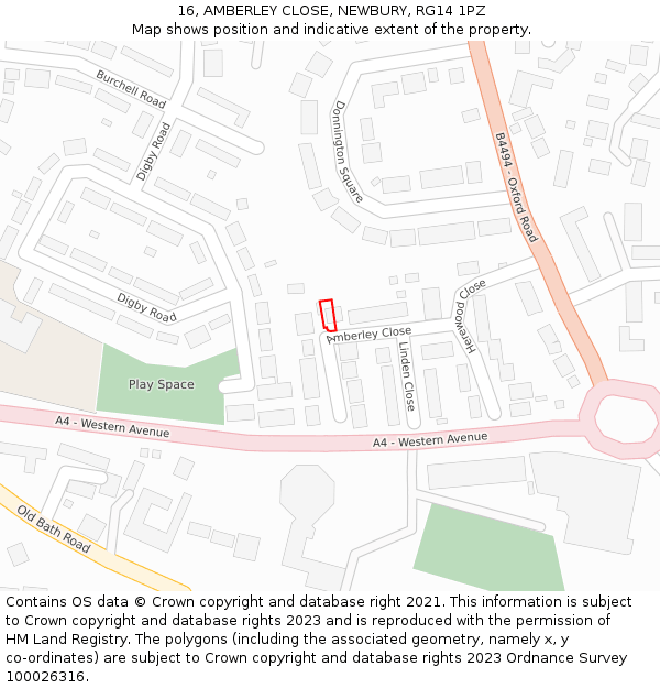16, AMBERLEY CLOSE, NEWBURY, RG14 1PZ: Location map and indicative extent of plot