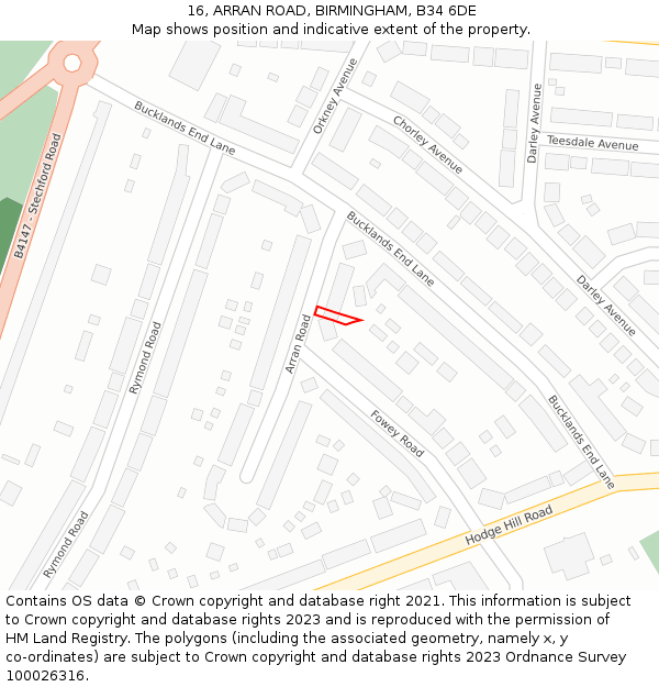 16, ARRAN ROAD, BIRMINGHAM, B34 6DE: Location map and indicative extent of plot