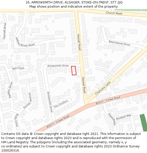 16, ARROWSMITH DRIVE, ALSAGER, STOKE-ON-TRENT, ST7 2JQ: Location map and indicative extent of plot