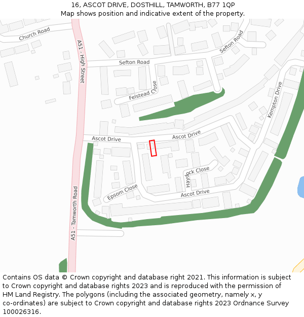 16, ASCOT DRIVE, DOSTHILL, TAMWORTH, B77 1QP: Location map and indicative extent of plot