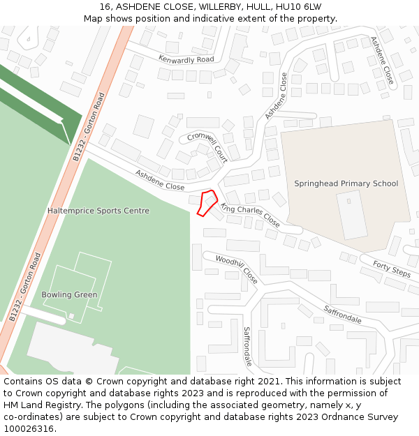 16, ASHDENE CLOSE, WILLERBY, HULL, HU10 6LW: Location map and indicative extent of plot