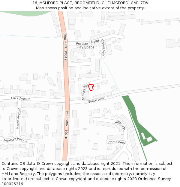 16, ASHFORD PLACE, BROOMFIELD, CHELMSFORD, CM1 7FW: Location map and indicative extent of plot