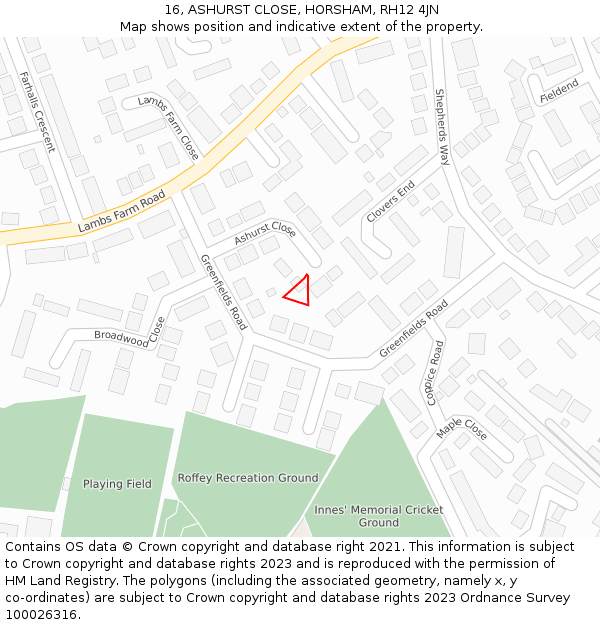 16, ASHURST CLOSE, HORSHAM, RH12 4JN: Location map and indicative extent of plot