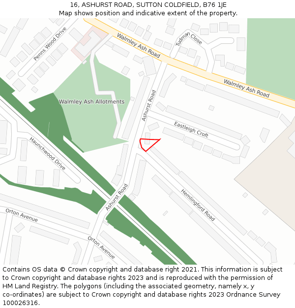 16, ASHURST ROAD, SUTTON COLDFIELD, B76 1JE: Location map and indicative extent of plot