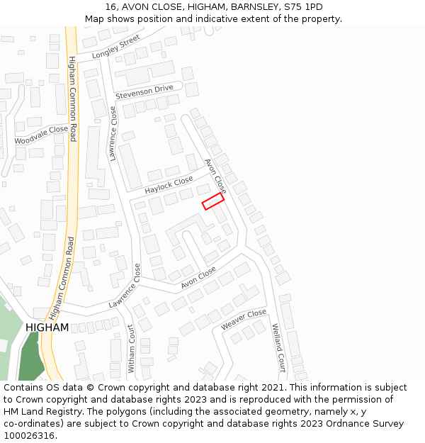 16, AVON CLOSE, HIGHAM, BARNSLEY, S75 1PD: Location map and indicative extent of plot