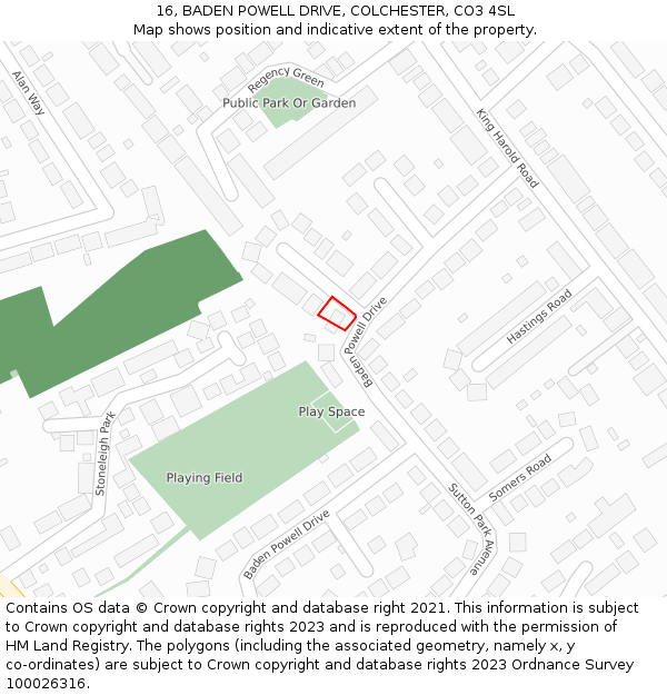 16, BADEN POWELL DRIVE, COLCHESTER, CO3 4SL: Location map and indicative extent of plot