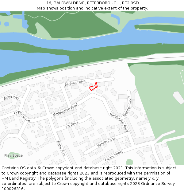 16, BALDWIN DRIVE, PETERBOROUGH, PE2 9SD: Location map and indicative extent of plot