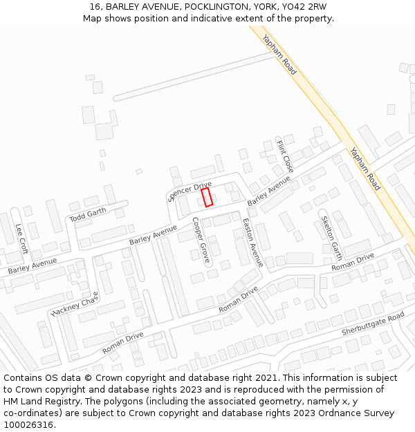 16, BARLEY AVENUE, POCKLINGTON, YORK, YO42 2RW: Location map and indicative extent of plot