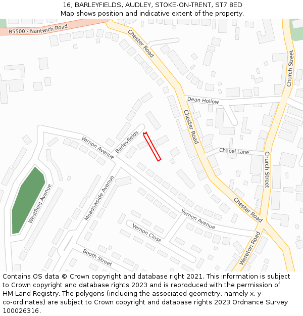 16, BARLEYFIELDS, AUDLEY, STOKE-ON-TRENT, ST7 8ED: Location map and indicative extent of plot