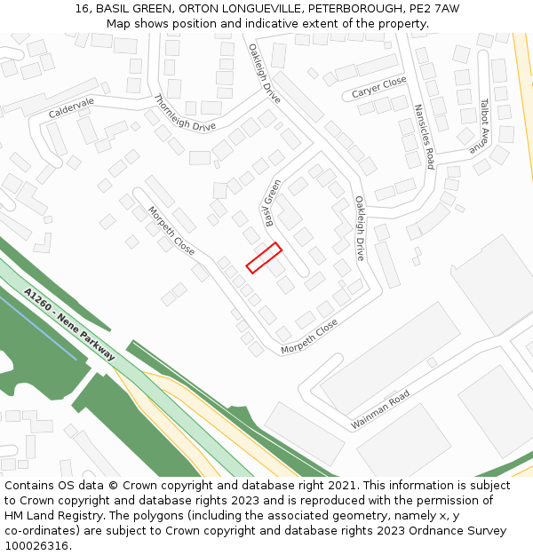 16, BASIL GREEN, ORTON LONGUEVILLE, PETERBOROUGH, PE2 7AW: Location map and indicative extent of plot