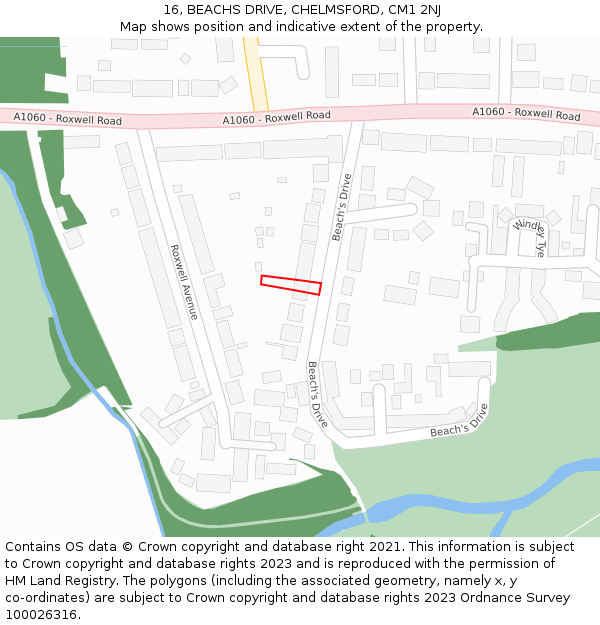 16, BEACHS DRIVE, CHELMSFORD, CM1 2NJ: Location map and indicative extent of plot