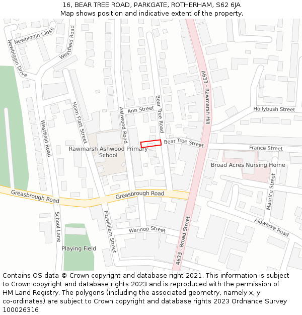 16, BEAR TREE ROAD, PARKGATE, ROTHERHAM, S62 6JA: Location map and indicative extent of plot