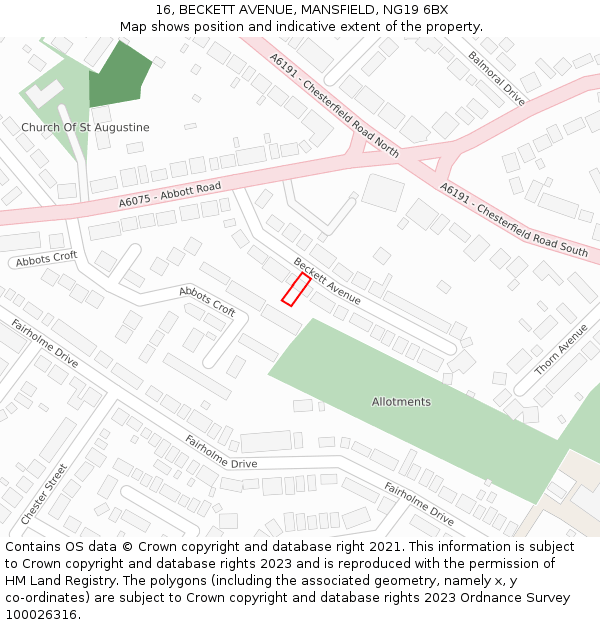 16, BECKETT AVENUE, MANSFIELD, NG19 6BX: Location map and indicative extent of plot