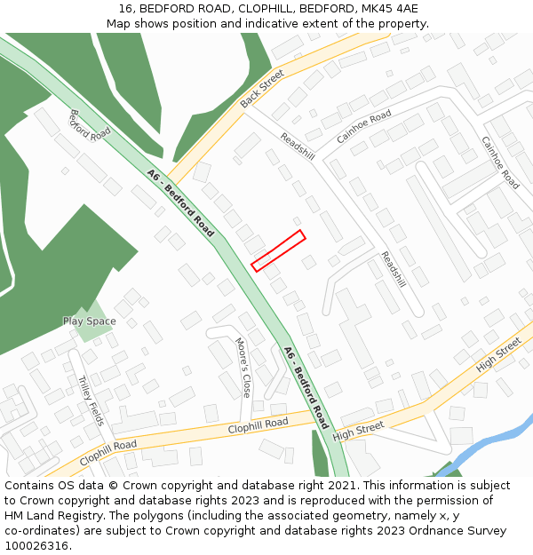 16, BEDFORD ROAD, CLOPHILL, BEDFORD, MK45 4AE: Location map and indicative extent of plot