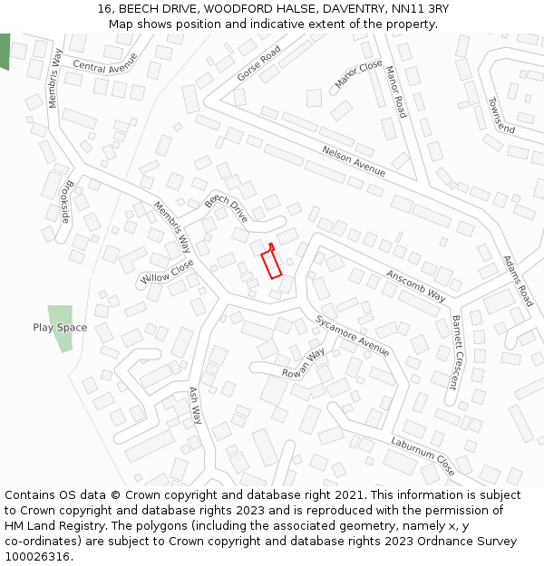 16, BEECH DRIVE, WOODFORD HALSE, DAVENTRY, NN11 3RY: Location map and indicative extent of plot