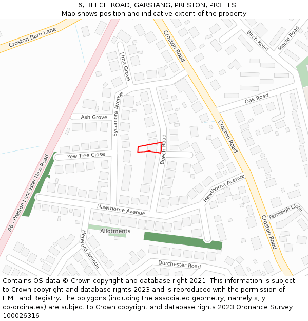 16, BEECH ROAD, GARSTANG, PRESTON, PR3 1FS: Location map and indicative extent of plot
