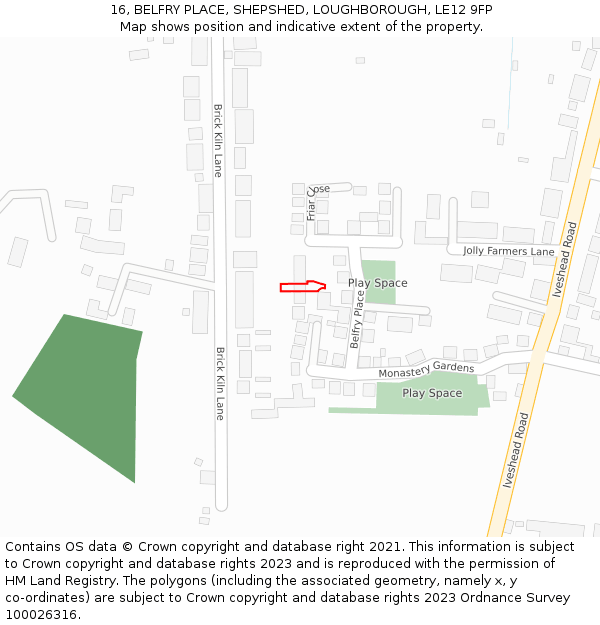 16, BELFRY PLACE, SHEPSHED, LOUGHBOROUGH, LE12 9FP: Location map and indicative extent of plot
