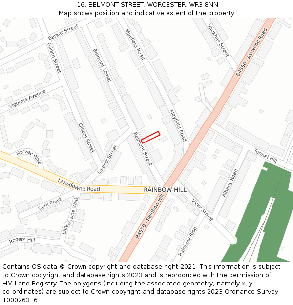 16, BELMONT STREET, WORCESTER, WR3 8NN: Location map and indicative extent of plot