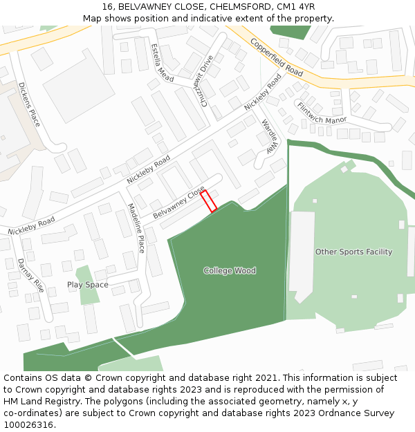 16, BELVAWNEY CLOSE, CHELMSFORD, CM1 4YR: Location map and indicative extent of plot