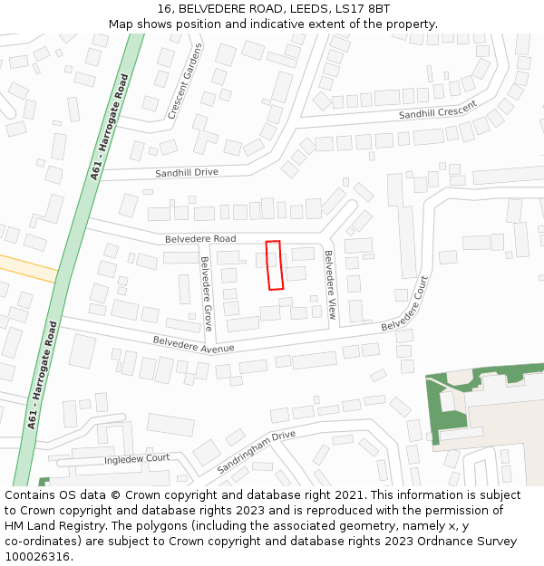 16, BELVEDERE ROAD, LEEDS, LS17 8BT: Location map and indicative extent of plot