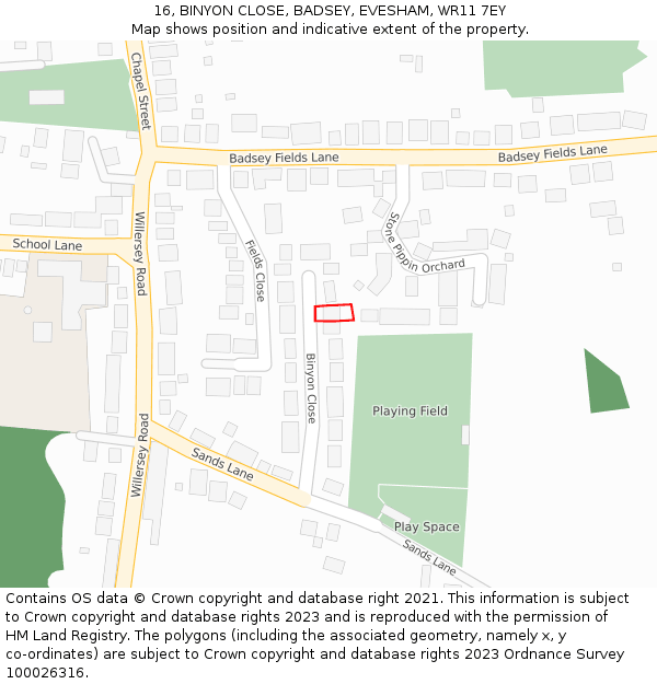 16, BINYON CLOSE, BADSEY, EVESHAM, WR11 7EY: Location map and indicative extent of plot