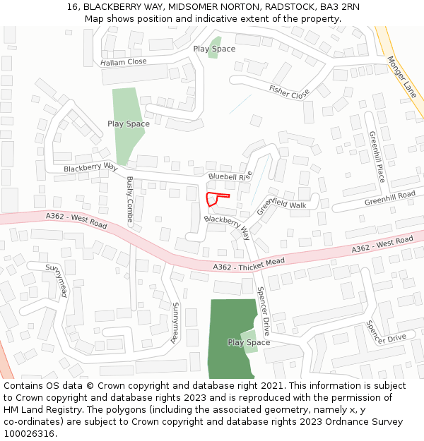 16, BLACKBERRY WAY, MIDSOMER NORTON, RADSTOCK, BA3 2RN: Location map and indicative extent of plot