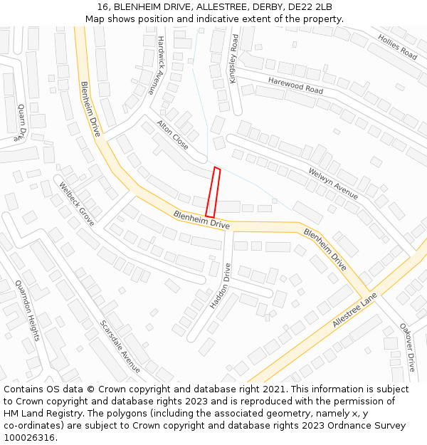 16, BLENHEIM DRIVE, ALLESTREE, DERBY, DE22 2LB: Location map and indicative extent of plot