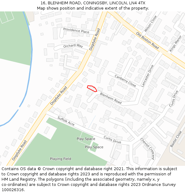 16, BLENHEIM ROAD, CONINGSBY, LINCOLN, LN4 4TX: Location map and indicative extent of plot