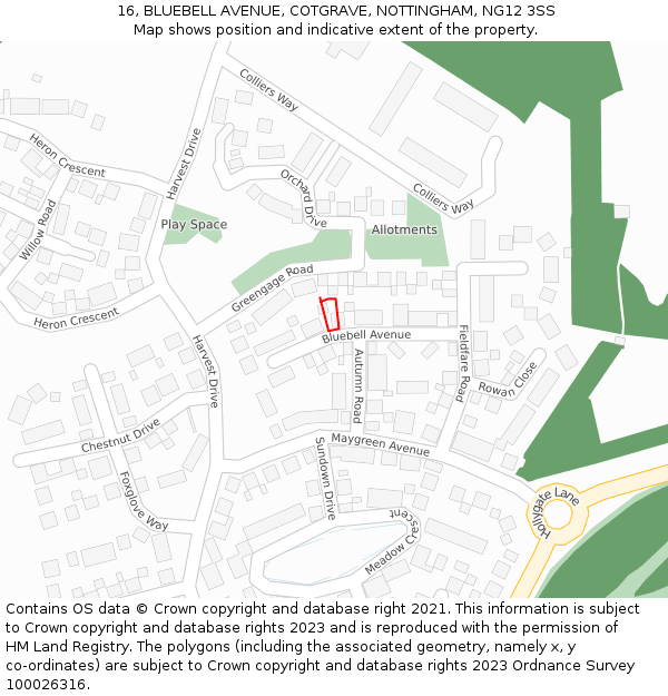 16, BLUEBELL AVENUE, COTGRAVE, NOTTINGHAM, NG12 3SS: Location map and indicative extent of plot