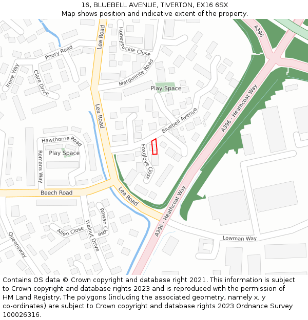 16, BLUEBELL AVENUE, TIVERTON, EX16 6SX: Location map and indicative extent of plot
