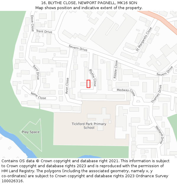 16, BLYTHE CLOSE, NEWPORT PAGNELL, MK16 9DN: Location map and indicative extent of plot
