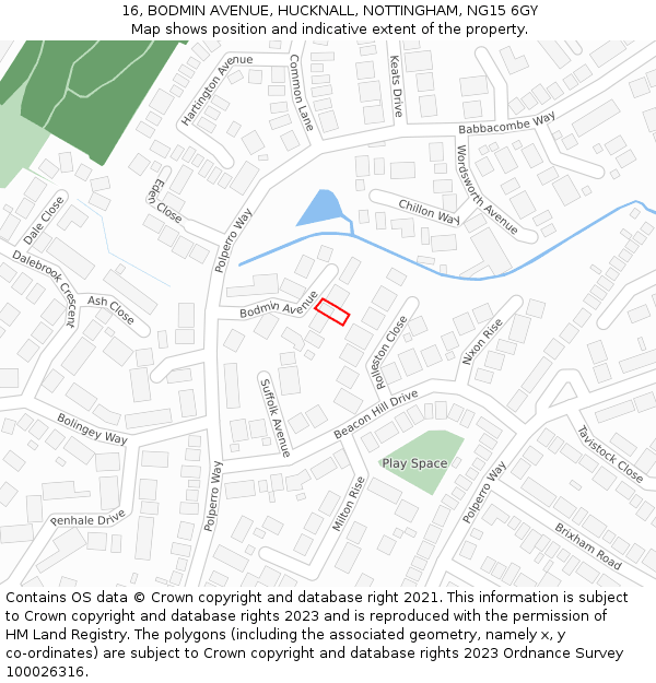 16, BODMIN AVENUE, HUCKNALL, NOTTINGHAM, NG15 6GY: Location map and indicative extent of plot