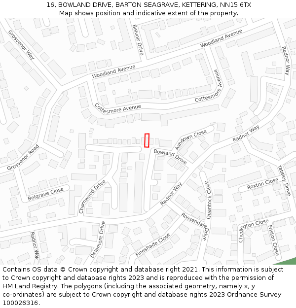 16, BOWLAND DRIVE, BARTON SEAGRAVE, KETTERING, NN15 6TX: Location map and indicative extent of plot