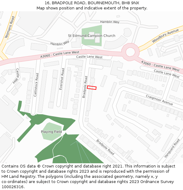 16, BRADPOLE ROAD, BOURNEMOUTH, BH8 9NX: Location map and indicative extent of plot