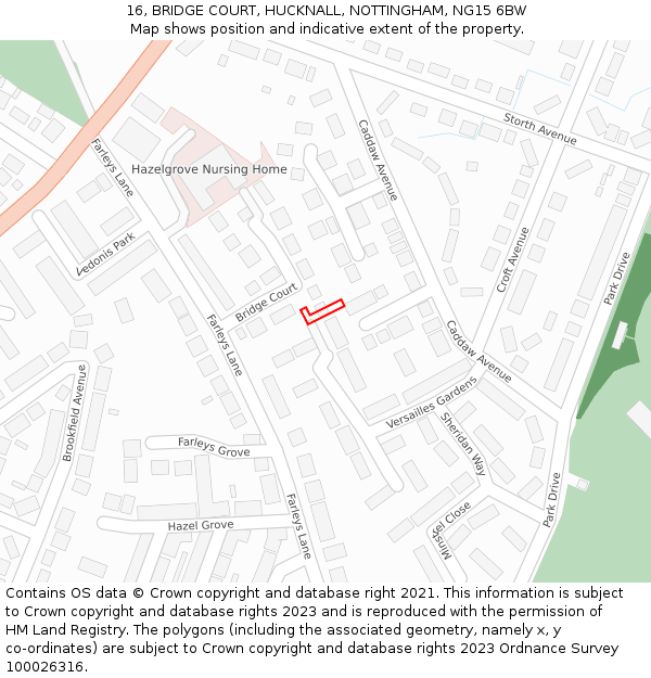16, BRIDGE COURT, HUCKNALL, NOTTINGHAM, NG15 6BW: Location map and indicative extent of plot