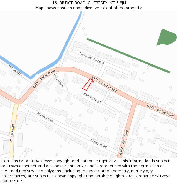16, BRIDGE ROAD, CHERTSEY, KT16 8JN: Location map and indicative extent of plot
