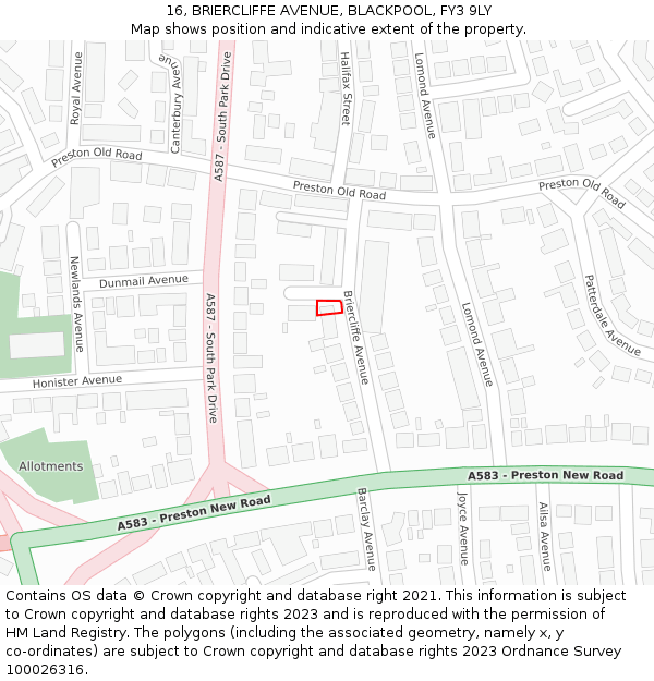 16, BRIERCLIFFE AVENUE, BLACKPOOL, FY3 9LY: Location map and indicative extent of plot
